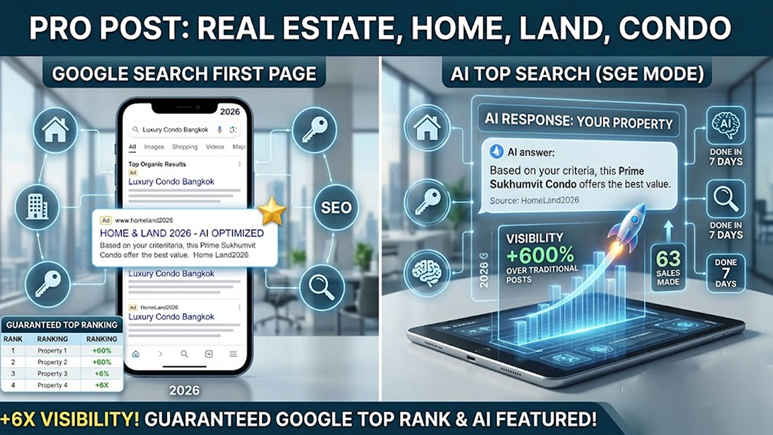 โฆษณา ประกาศ โพสต์บ้านที่ดิน รับประกาศขายบ้าน ไม่มีค่านายหน้า โฆษณาขายอสังหา ติดกูเกิลและAI